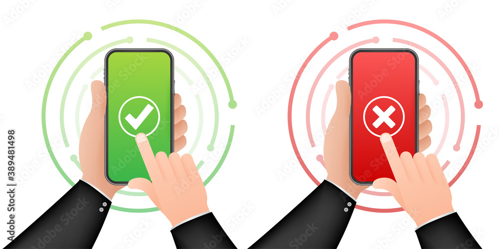 Poster hands holding smartphones with checkmarks set. tick and cross check marks. vector stock illustration
