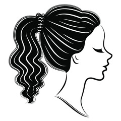 Silhouette of a profile of a sweet lady's head. A girl shows a female tail-hairstyle on medium and long hair. Suitable for logo, advertising. Vector illustration.