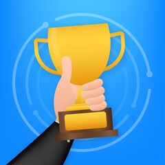 Winning cup in hand. Award bowl. Symbol of success, winning, championship. Vector illustration