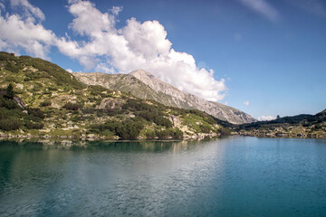 Hiking to Banderitsa lakes, view across the lakes of the Pirin Mountains in Bulgaria with Muratovo, Ribnoto, National Park Pirin