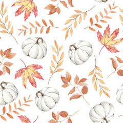 Autumn watercolor seamless pattern with leaves and pumpkins on a white background.