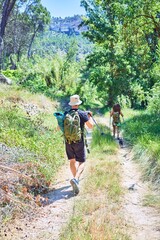 Fototapeta na wymiar Beautiful couple of hiker on back view wearing backpack doing trekking using hiking stick at forest