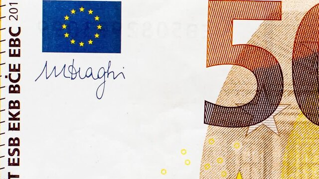 European Union banknote paper money stop motion animation. Partial figures close-up, paper money 50 euros.