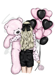 A girl with beautiful hair and a teddy bear and heart-shaped balloons. Love, Valentine's Day.