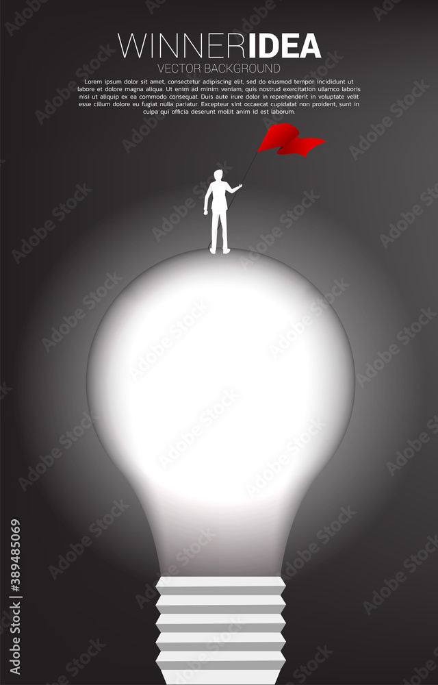 Poster silhouette of businessman with red flag standing on light bulb . business concept of creative idea a