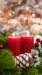 Christmas toys close-up, blurred bokeh background. Christmas background for a postcard. Spruce branches, cones, Christmas balls. Box with a gift and a red bow.