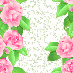 Vector seamless pattern. Camellia - a branch with a flowers and leaves. Exotic flower on a light background. Use printed materials, signs, objects, sites, maps.