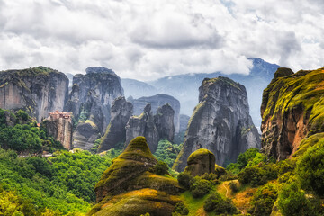 Meteora, Greece. UNESCO heritage site in the North of Greece. Epic rocks with temples at the...