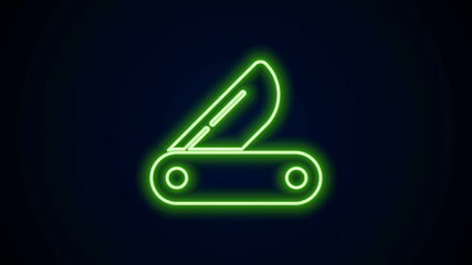 Glowing neon line Swiss army knife icon isolated on black background. Multi-tool, multipurpose penknife. Multifunctional tool. 4K Video motion graphic animation.