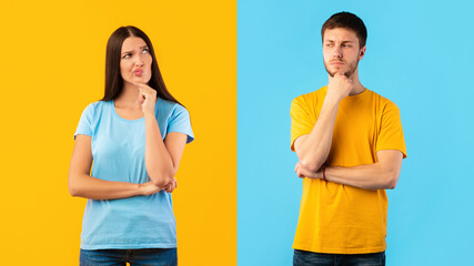 Pensive couple thinking about question, touching chin