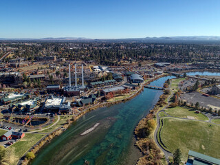 Aerial view of the Deschutes River at the Old Mill District in Bend, Oregon