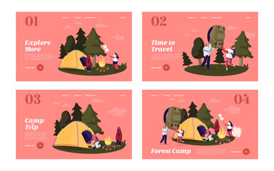 People Spend Time at Camp in Forest Landing Page Template Set. Tourist Characters Set Up Tent, Frying Marshmallow