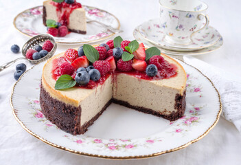 Traditional American New York cheesecake with fruits offered as close-up on design plate