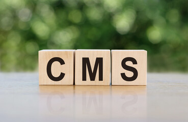 CMS (Custom Management System) is a word written on wooden blocks. The text is written in black letters and is reflected on the mirror surface of the table.