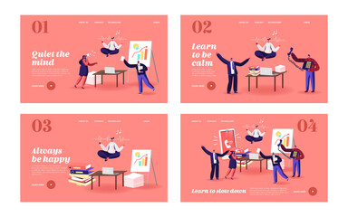 Female Character Office Worker Meditating at Workplace Landing Page Template Set. Relaxed Businesswoman in Messy Office
