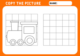 Coloring Funny little Train. Educational Game for Kids. Copy the picture.  Illustration and vector outline - A4 paper ready to print. Preschool worksheet.