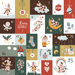 Cute cartoon advent calendar with funny cow animals, and signs for 25 days. Vibrant advent calendar for kids. Square calendar with New Year decor. Christmas kid greeting card with funny illustrations.