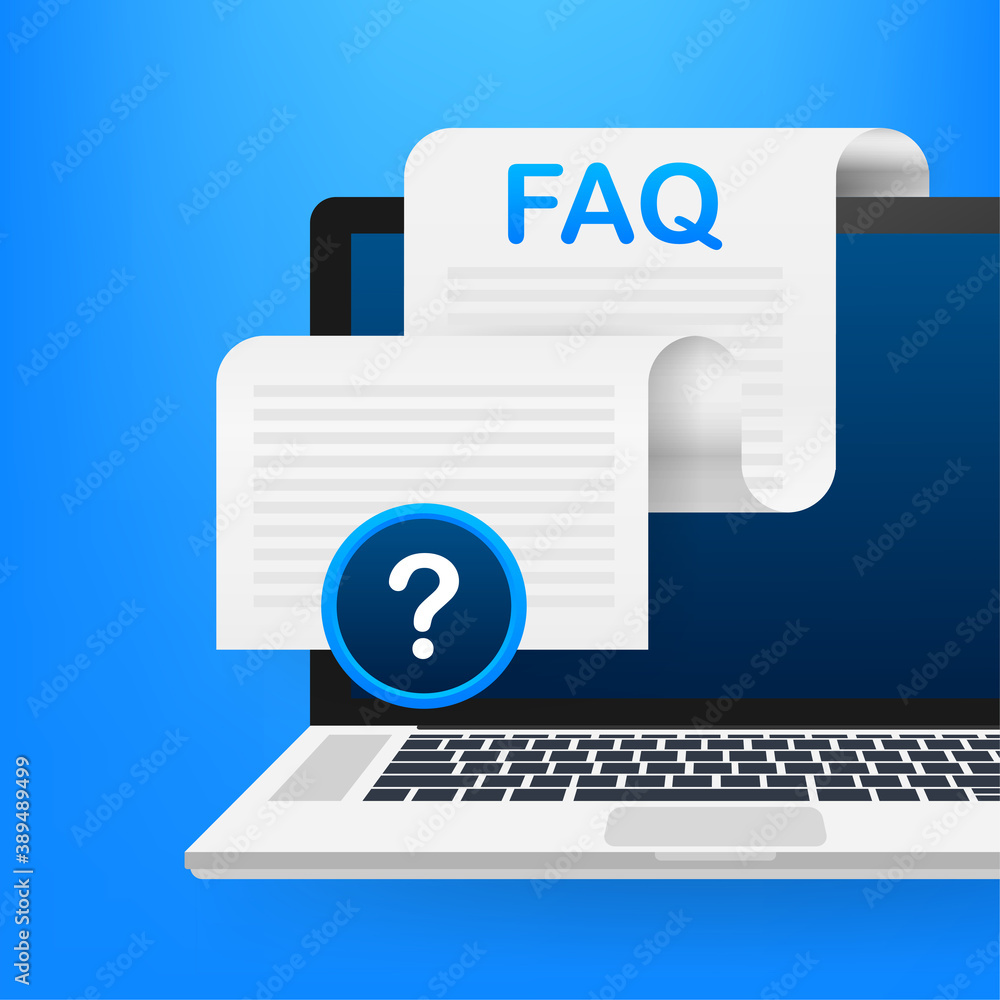 Poster frequently asked questions faq banner. computer with question icons. vector illustration.