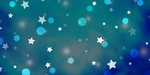 Dark BLUE vector background with circles, stars.