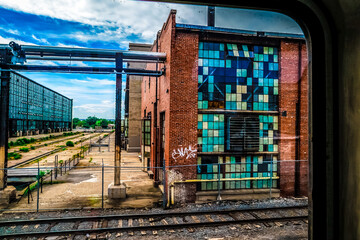 old abandoned factory with blue glass panes