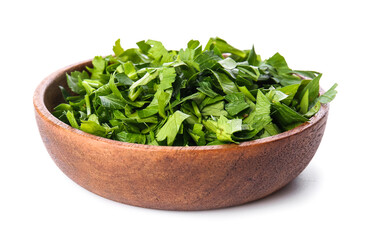 Fresh parsley in bowl on white background