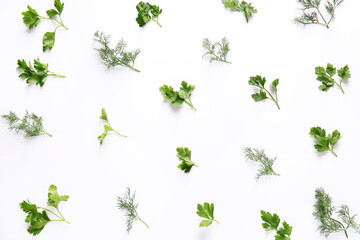 Fresh parsley and dill on white background