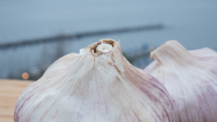 Locally farmed fresh garlic on wooden cutting board with the archipelago as background. Food and...