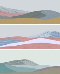 set of Mid century modern minimalist art print. Abstract contemporary aesthetic backgrounds landscapes with sea, mountains, wave. vector illustrations