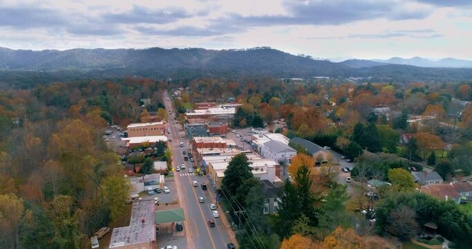 Aerial drone shot of downtown Weaverville, North Carolina in the Appalachian Mountains