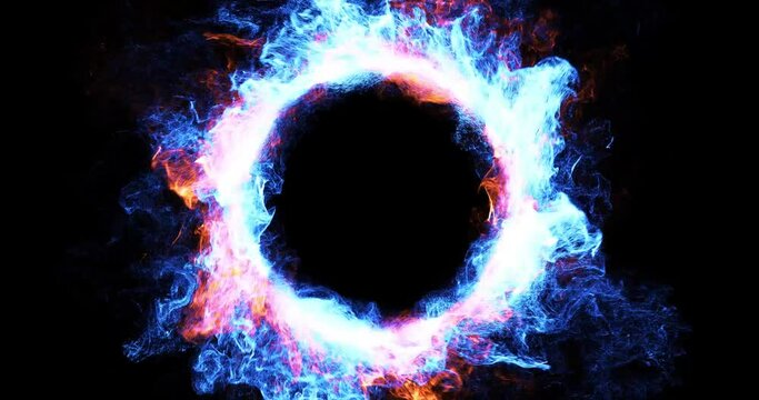 Flaming logo reveal, ring of ice and fire effect. Abstract motion graphic for logos and intro text. 2 video available,  in-out sequence and loop. 3D render, 4K loop.