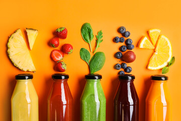 Flat lay composition with bottles of delicious juices and fresh ingredients on orange background - Powered by Adobe