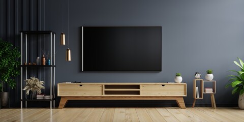 LED TV on the dark wall in living room with wooden cabinet,minimal design.