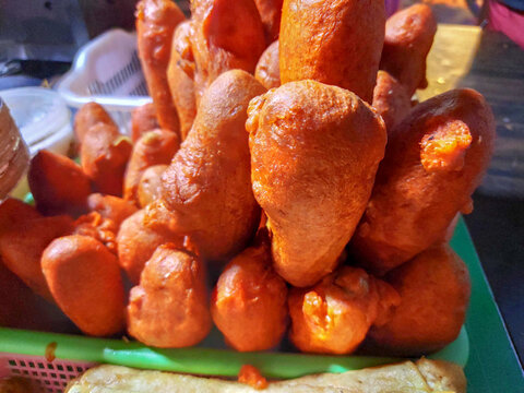 Soyabean chaap in plate ready to deep fry swarved as snack with chilly sauce.