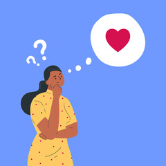Young woman in doubt thinks about love. Idea about relationships and romance. Vector flat illustration. Confused young girl with question marks. Vector colorful illustration in flat style.