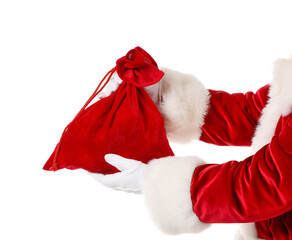 Hands of Santa Claus with bag on white background