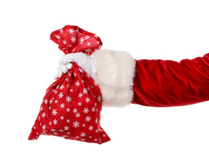 Hand of Santa Claus with bag on white background
