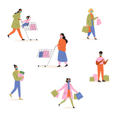 Collection of happy people in masks with shopping bags and carts.Set of different man, woman and child go shopping isolated on white.Young people taking part in seasonal sale at mall.Vector 