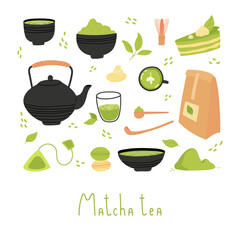 Set of various tea products made from matcha. Matcha powder, whisk, macarons, cake, bamboo spoon, teapot, drink, sweets, tea. Hand drawn vector set with lettering. Colored trendy illustration