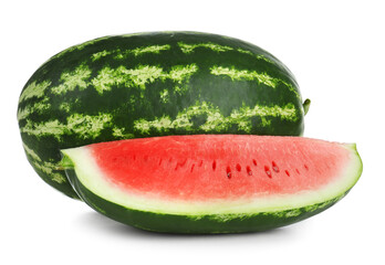 Delicious whole and cut watermelons isolated on white