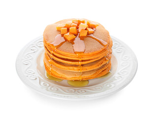 Tasty pumpkin pancakes on white background