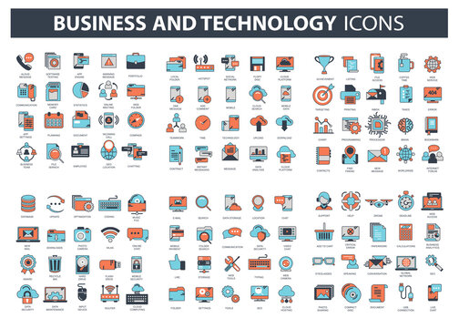 Set vector icons with elements for mobile concepts and web apps. Business and marketing, programming, data management, internet connection, social network, computing, information. Vector	
