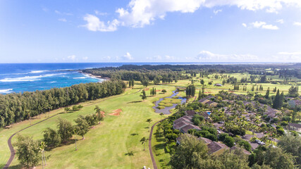 Fototapeta na wymiar Aerial view of the oceanfront Turtle Bay Arnold Palmer Golf Course on the Northshore of Oahu, Hawaii