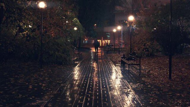 Alone stranger in hood at night city park street in rain. Creepy killer or stalker, criminal walk in shadow with urban lights reflected in puddles. Thriller horror mysterious atmosphere.