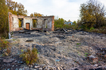 Remains of the main house of the Panskoye estate after the fire. Ruins of a brick basement. October 2020 - Panskoe, Kaluga region, Russia