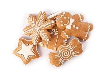 Pile of Christmas cookies on white background, top view