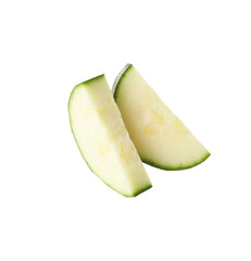 Slices of ripe zucchini on white background, top view