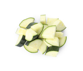 Pieces of ripe zucchini on white background, top view