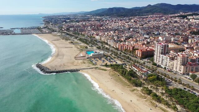 Aerial view of Mataro with buildings and coast line in the Spain. High quality 4k footage