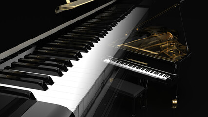 Multi Exposure of Grand Piano and Keyboard under black background. 3D illustration. 3D high quality rendering.
