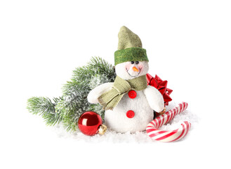 Cute snowman and Christmas decoration on white background